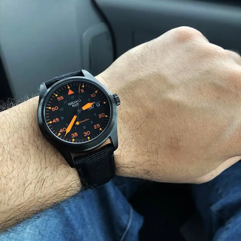 Seiko 5 Sports Black Dial Black Nylon Men's Watch- SRPH33